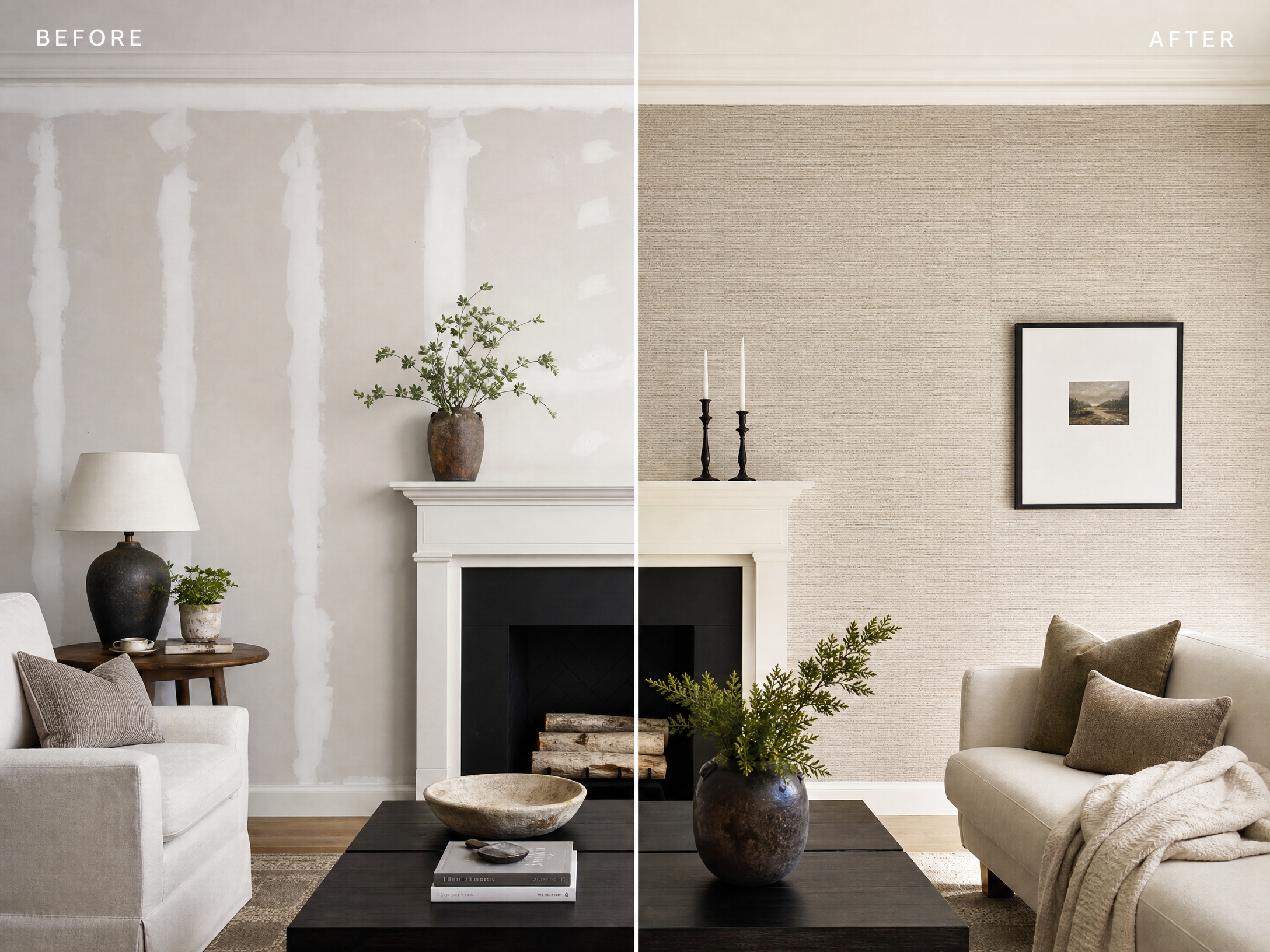 Before and after: bare drywall transformed into an elegant grasscloth wallpaper feature wall in a living room (placeholder image)