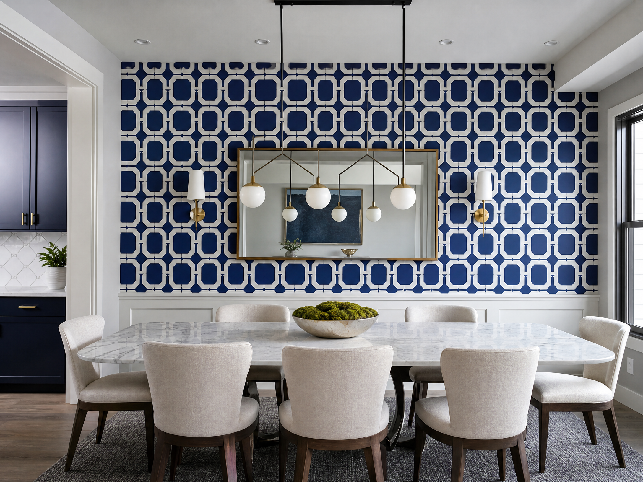 Cobalt blue and white geometric patterned wallpaper accent wall in a modern dining room (placeholder image)