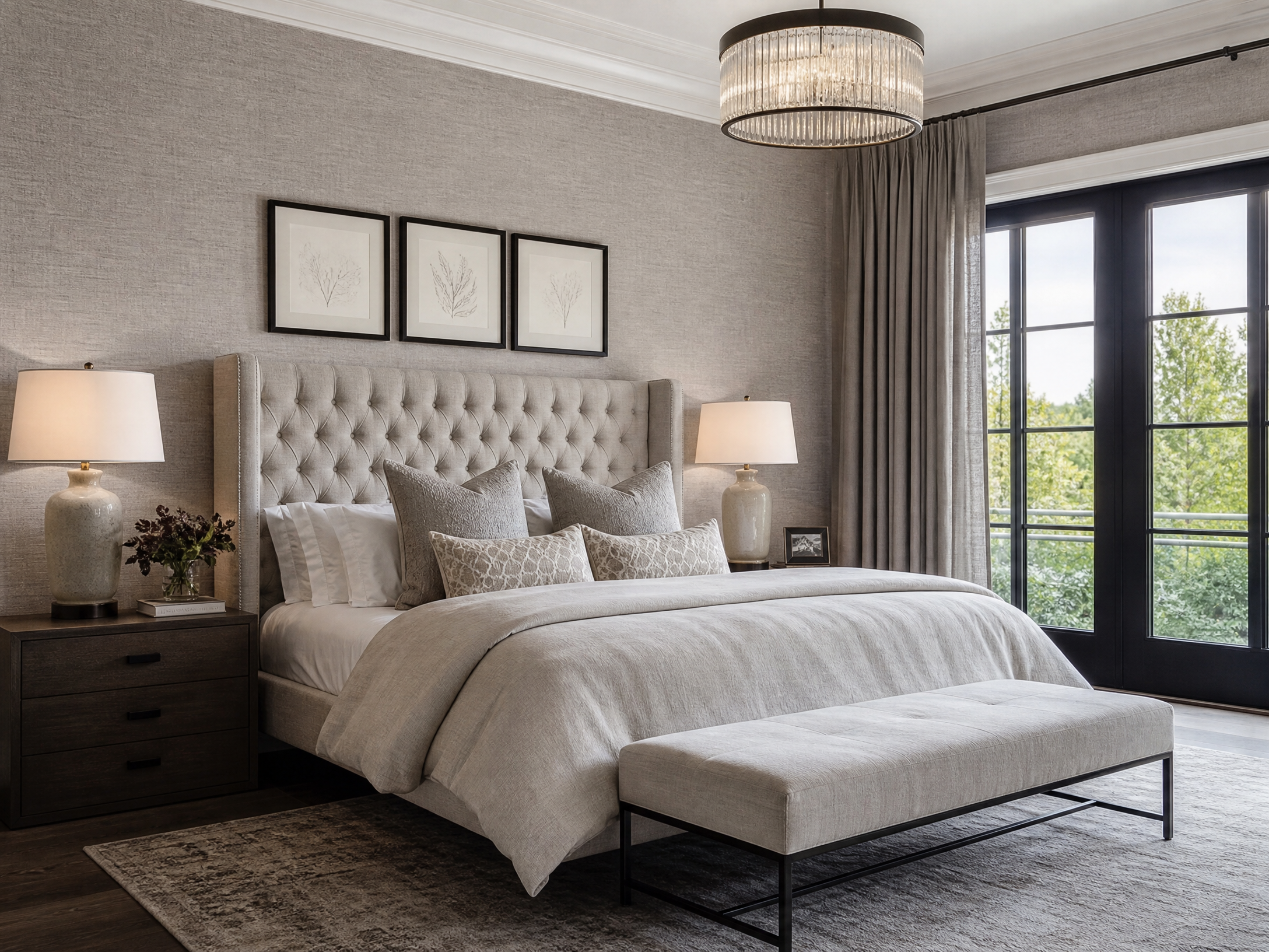 Master bedroom with floor-to-ceiling warm grey linen textured wallpaper and luxurious furnishings (placeholder image)