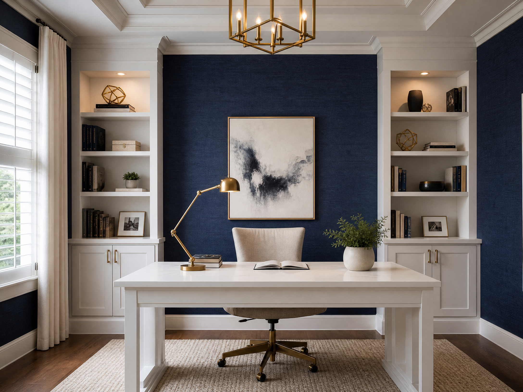 Home office with rich navy blue textured wallpaper flanked by white built-in bookshelves (placeholder image)